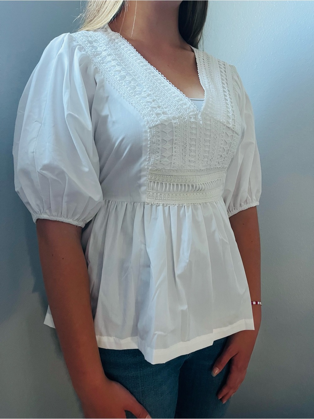 Crochet Detail Puffed Sleeve Babydoll Blouse